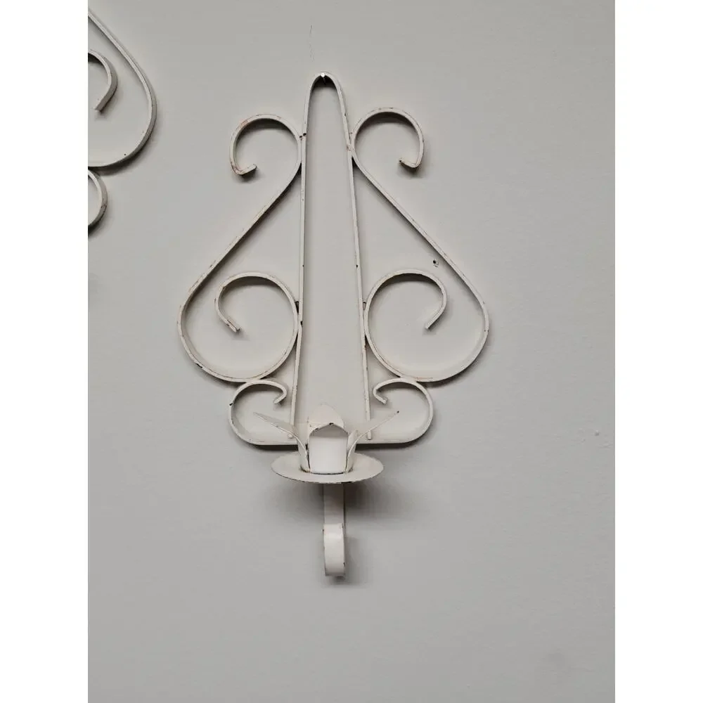 Vintage White Metal Scroll Wall Sconces Pair Mid Century Candle Holder Set